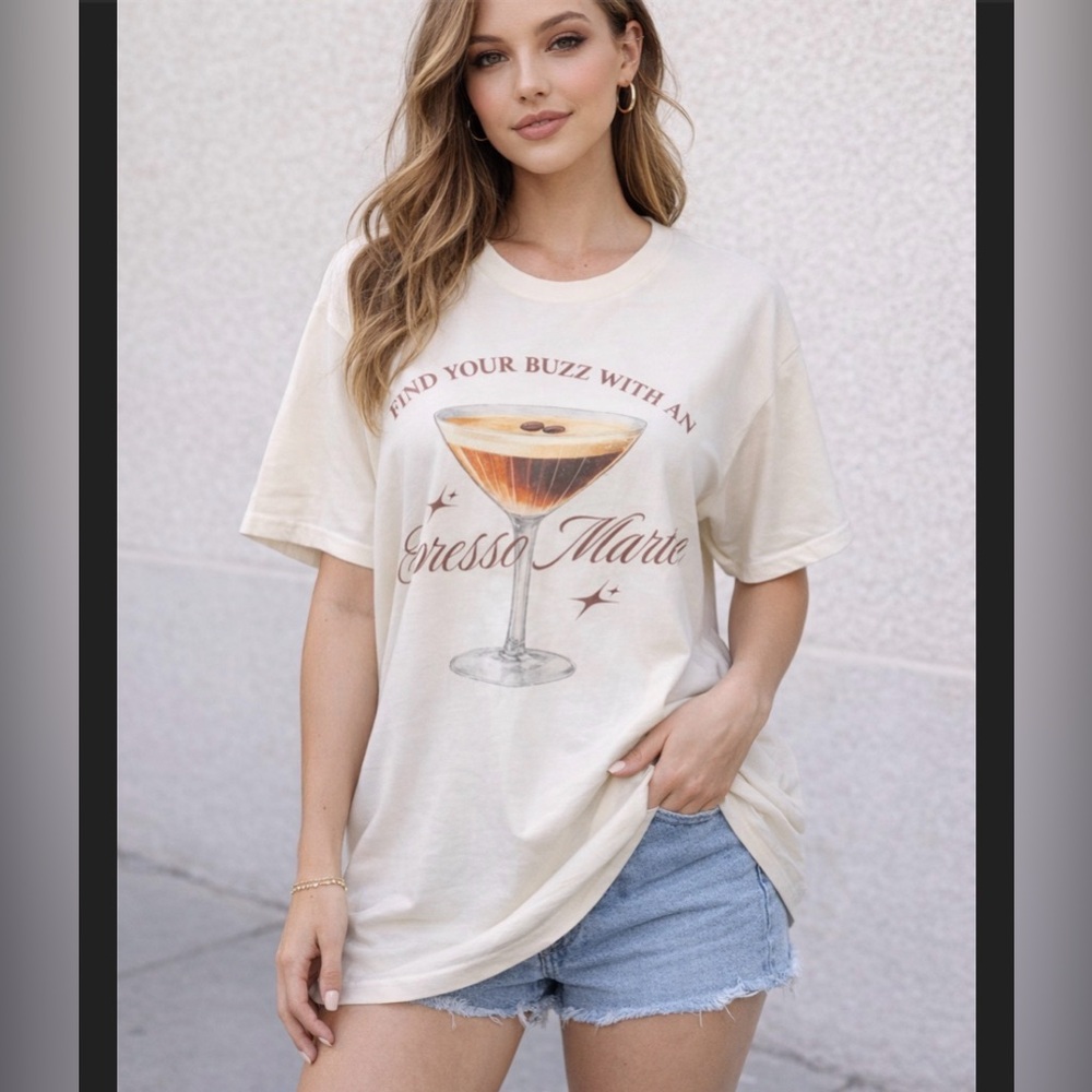 NWT btq Cream Graphic T-Shirt with Espresso Martini Design oversized fit